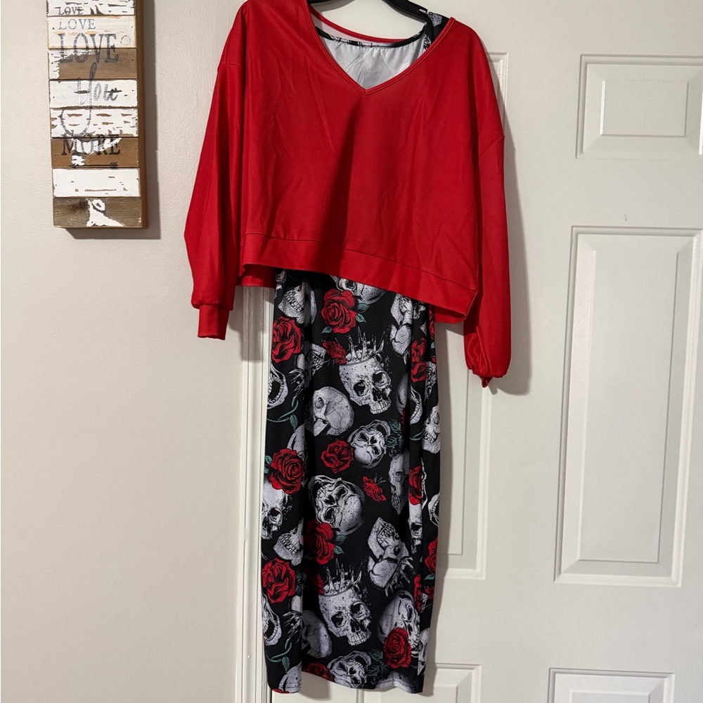 SHEIN Red and Black Skull Dress with Roses